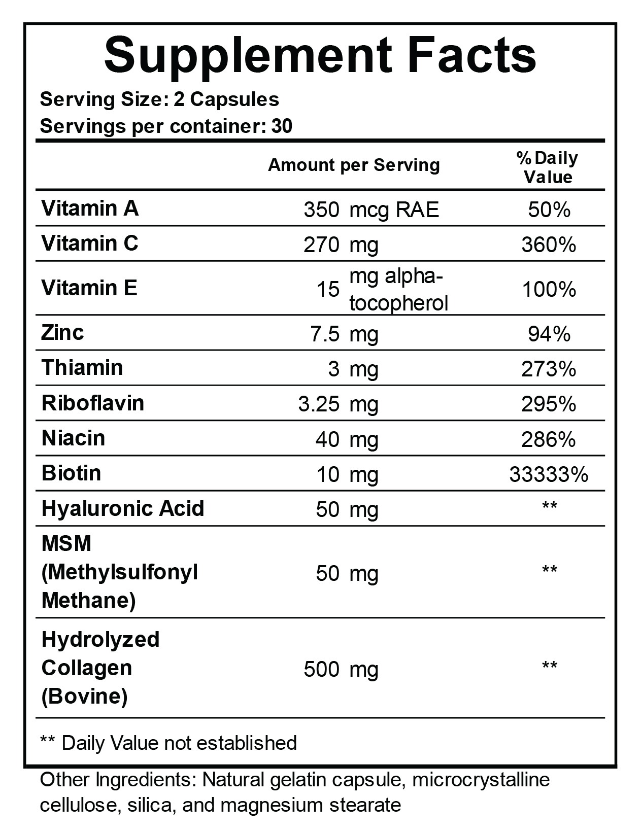 Reload Hair, Nails and Skin Nutritional Information